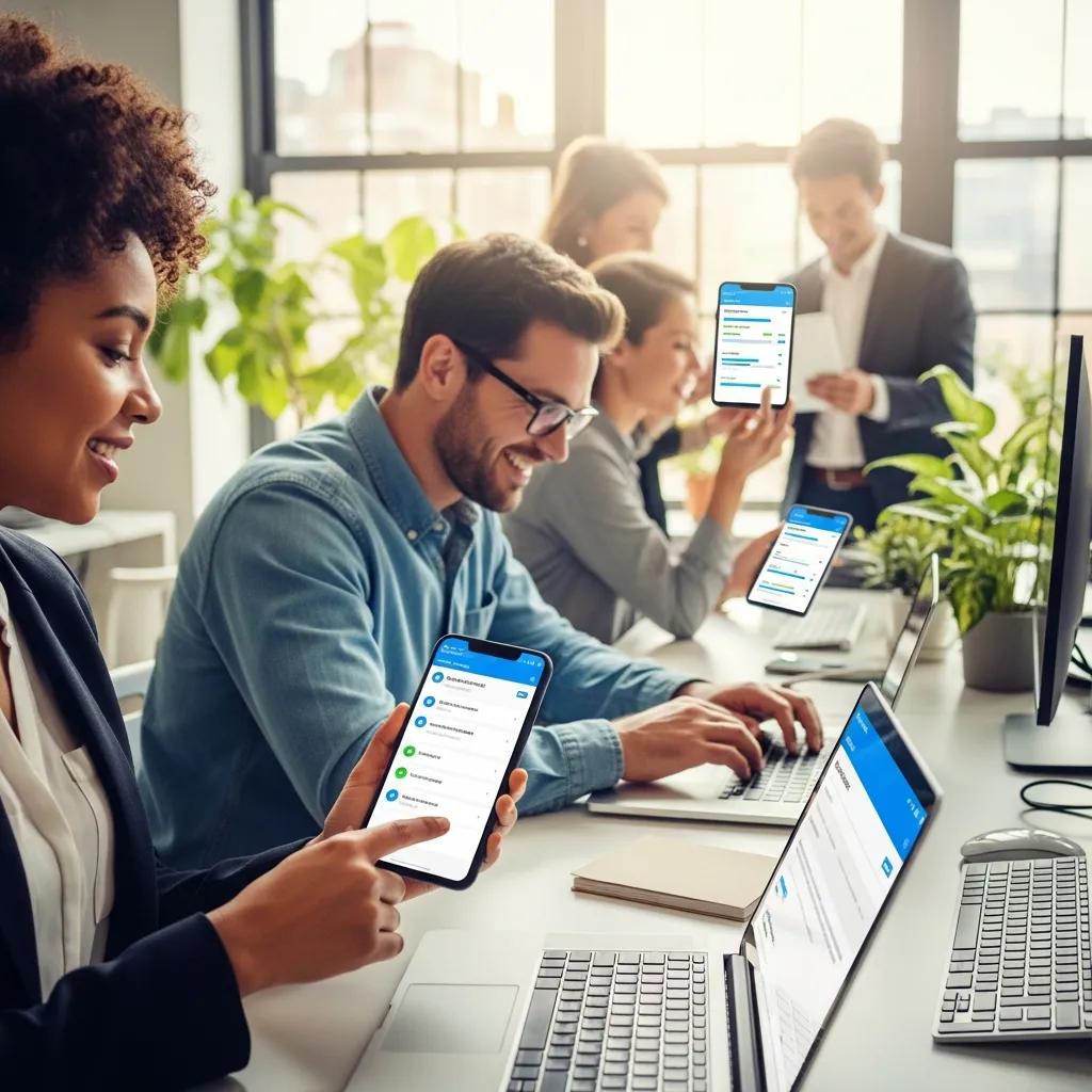 Diverse group of people engaging with a digital customer feedback survey on various devices in a modern office setting