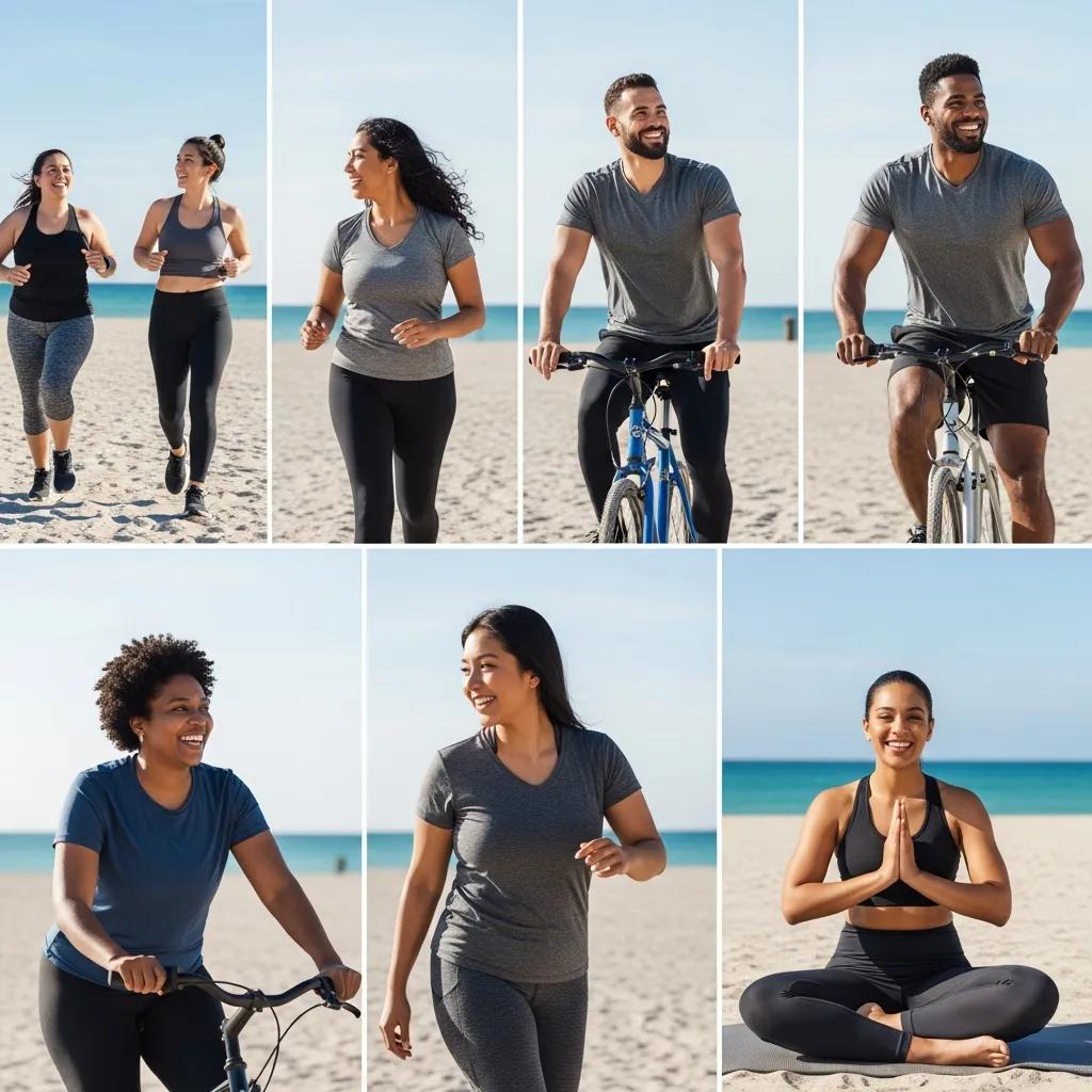 Diverse group of people in Miami engaging in outdoor fitness activities, representing weight loss and healthy living