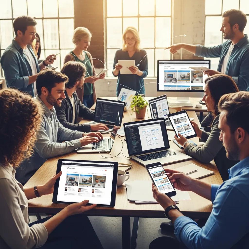 Diverse group of people using devices in a modern workspace, emphasizing responsive web design