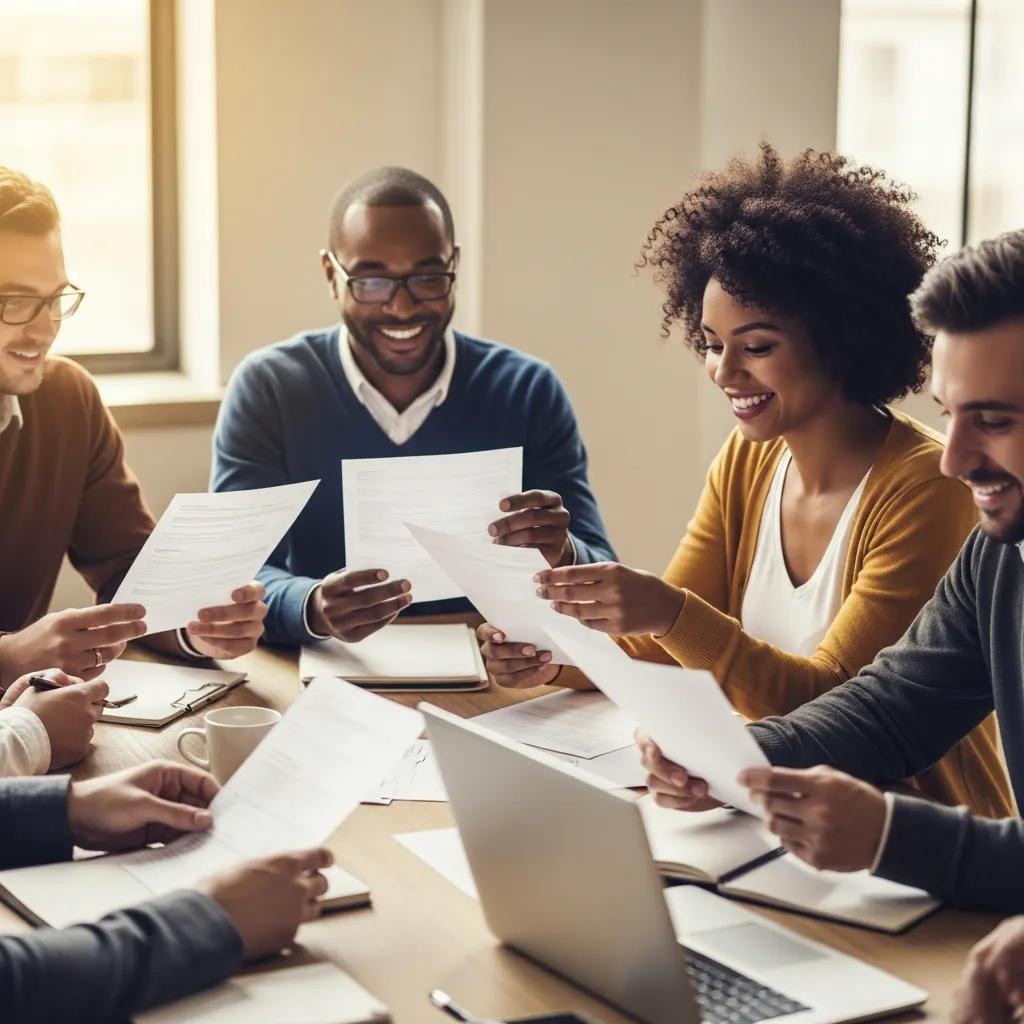 Diverse group reviewing N-400 application documents in a collaborative setting