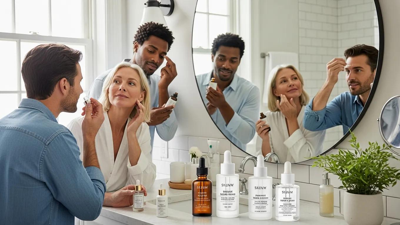 Diverse individuals applying skincare serums in a bright bathroom, highlighting the importance of serums for acne, aging, and hydration