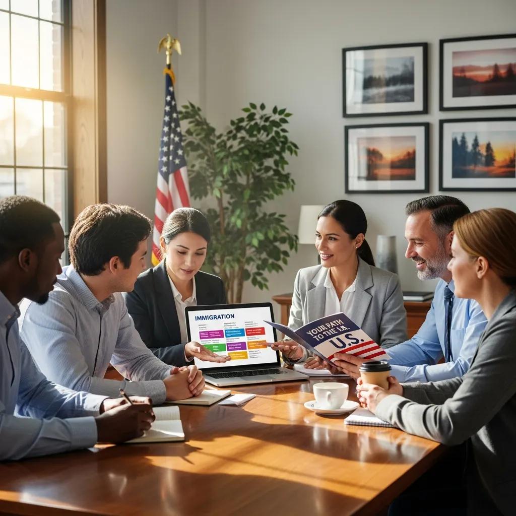 Diverse individuals discussing Green Card application options in an office setting