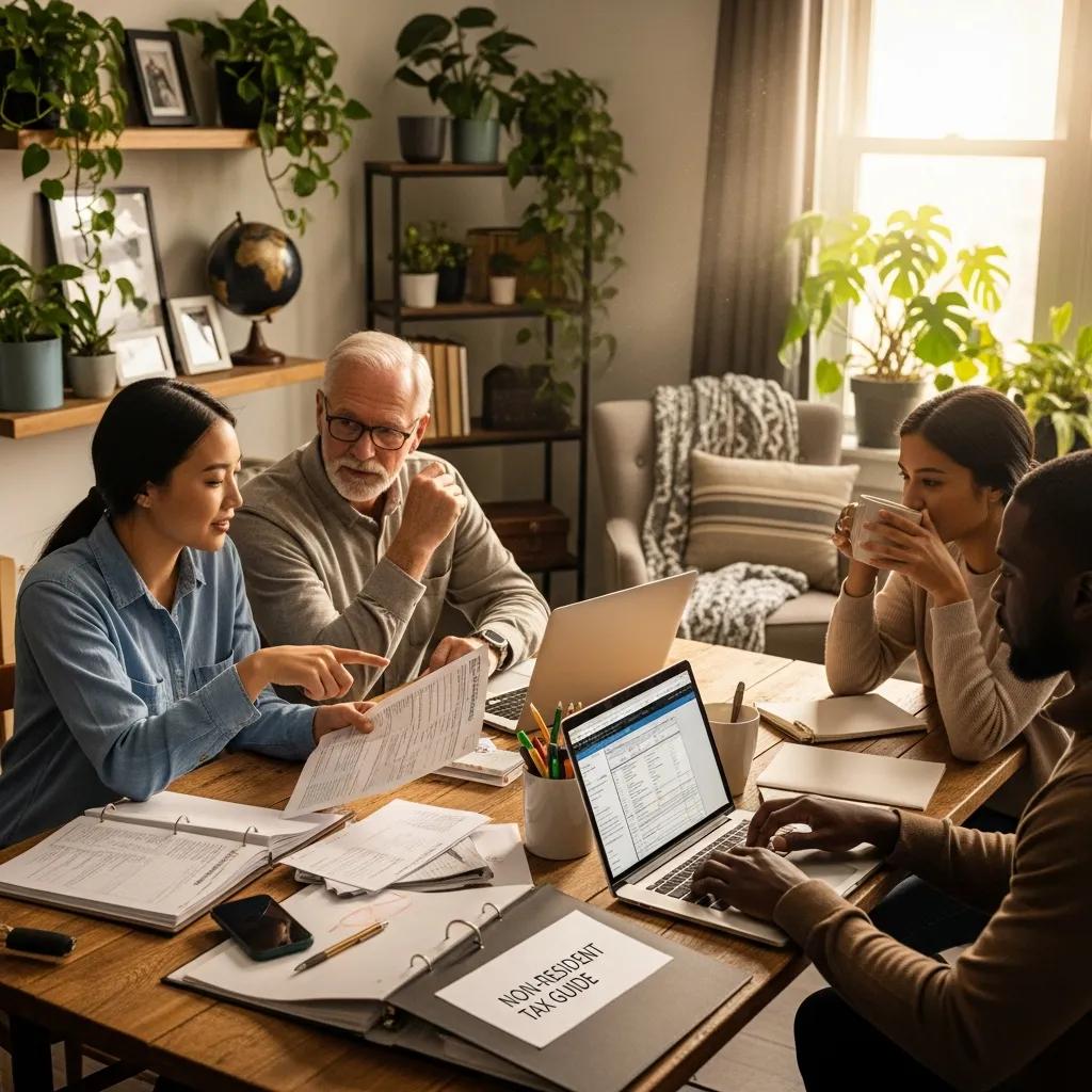 Diverse individuals discussing non-resident tax returns in a cozy home office setting
