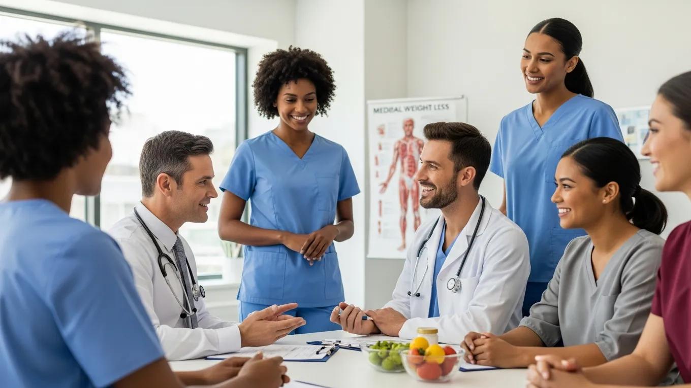 Diverse individuals engaged in a medical weight loss program consultation