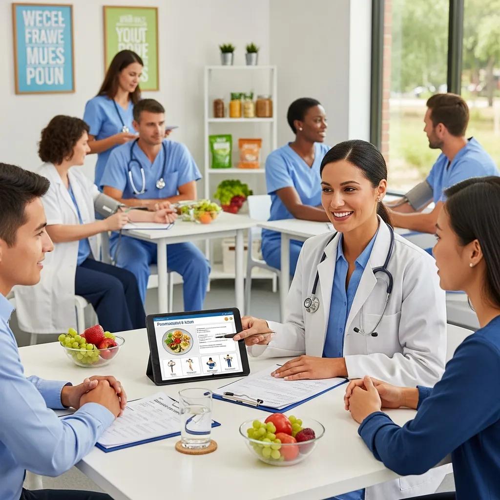 Diverse individuals engaging in a medical weight loss program with a healthcare professional