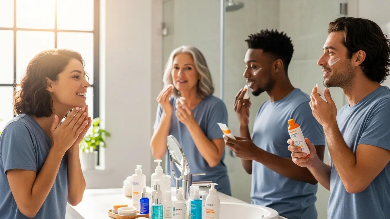 Diverse individuals enjoying their morning skincare routines with various products