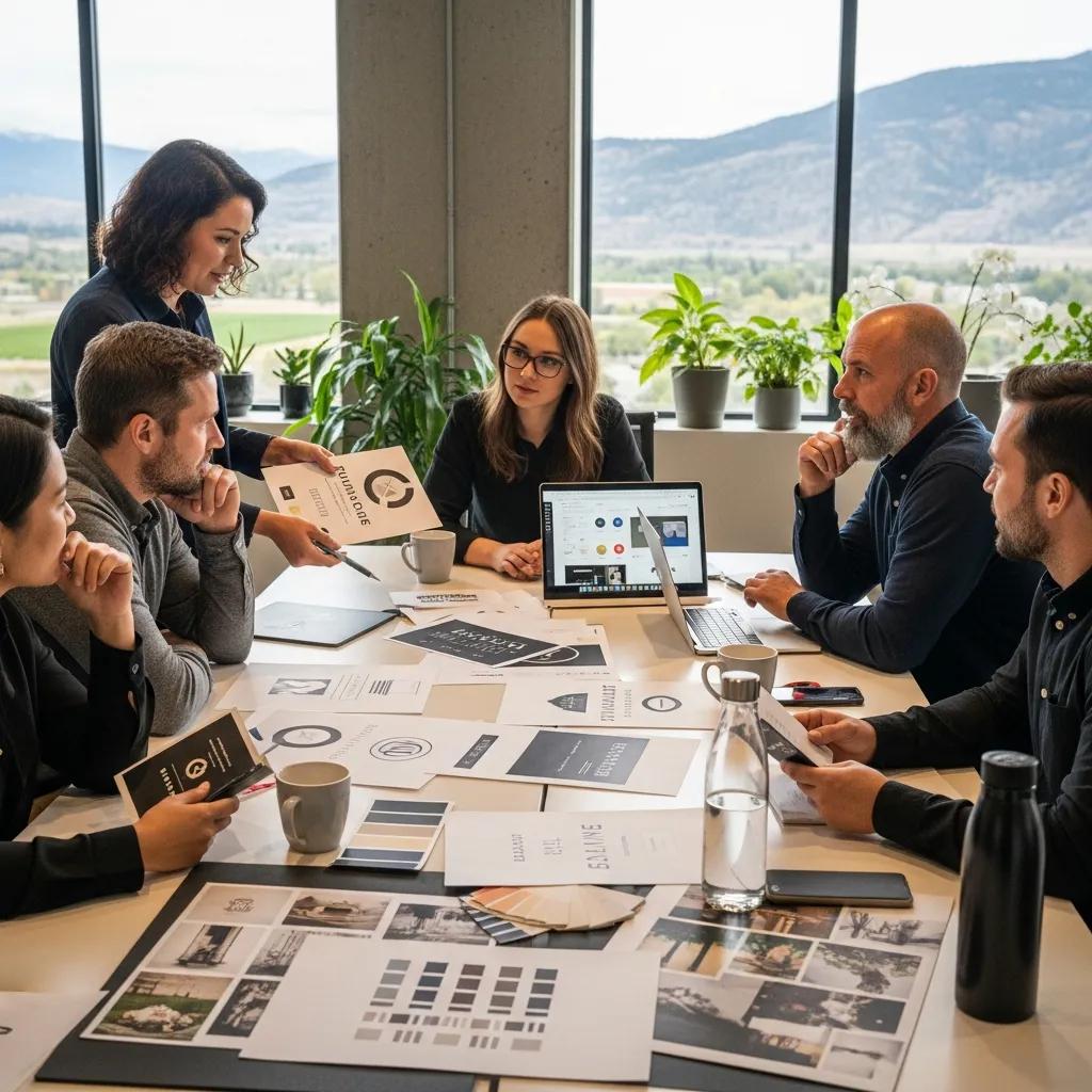 Diverse local business owners collaborating on branding strategies in a modern workspace