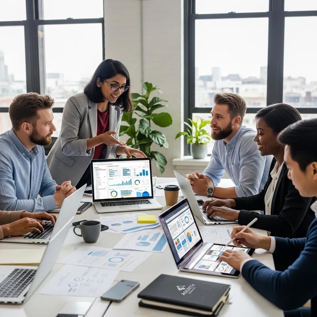 Diverse marketing professionals collaborating in a modern office, representing B2B marketing strategies