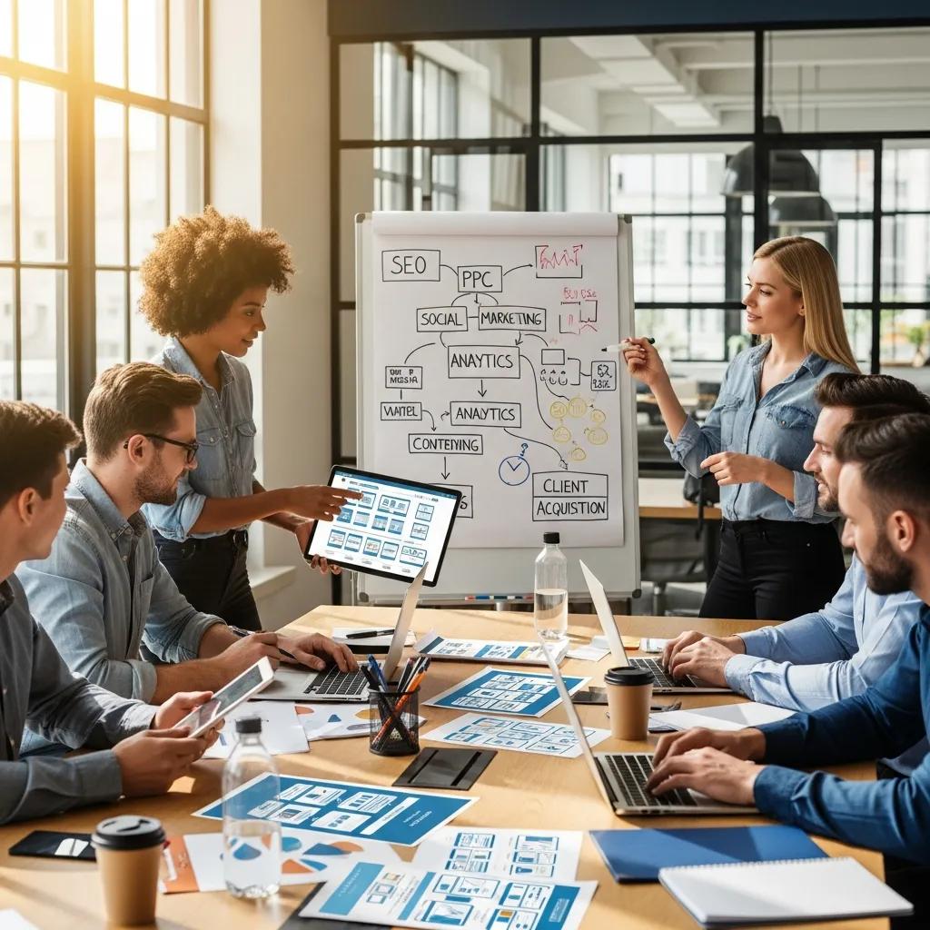 Diverse marketing professionals collaborating on white label digital marketing strategies