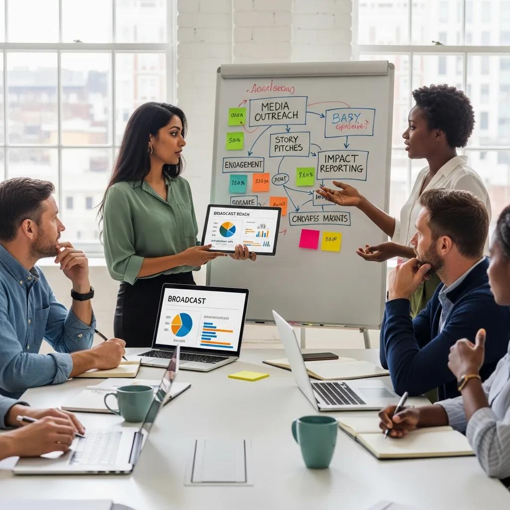 Diverse non-profit professionals collaborating on broadcast PR strategies in a modern office