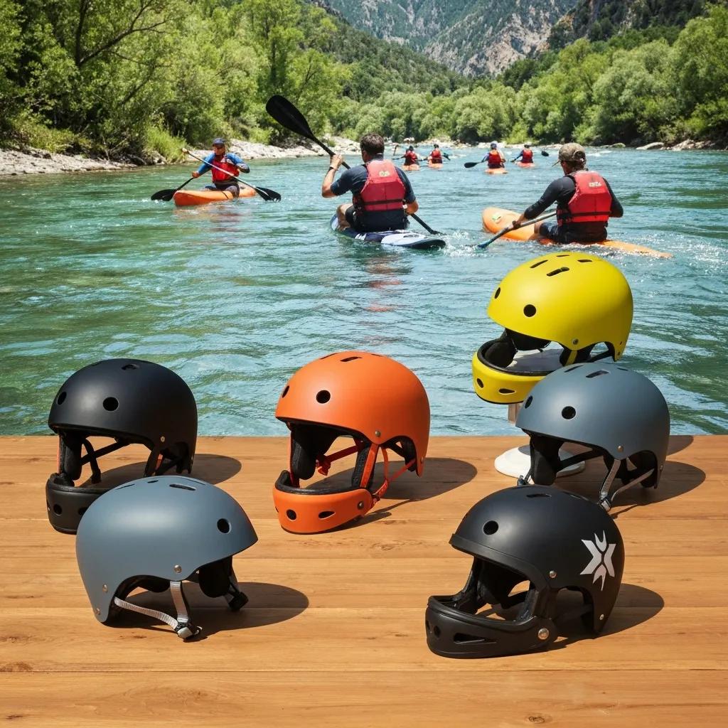 Diverse paddle sports helmets on a table with a scenic river background, showcasing safety gear for kayaking and SUP