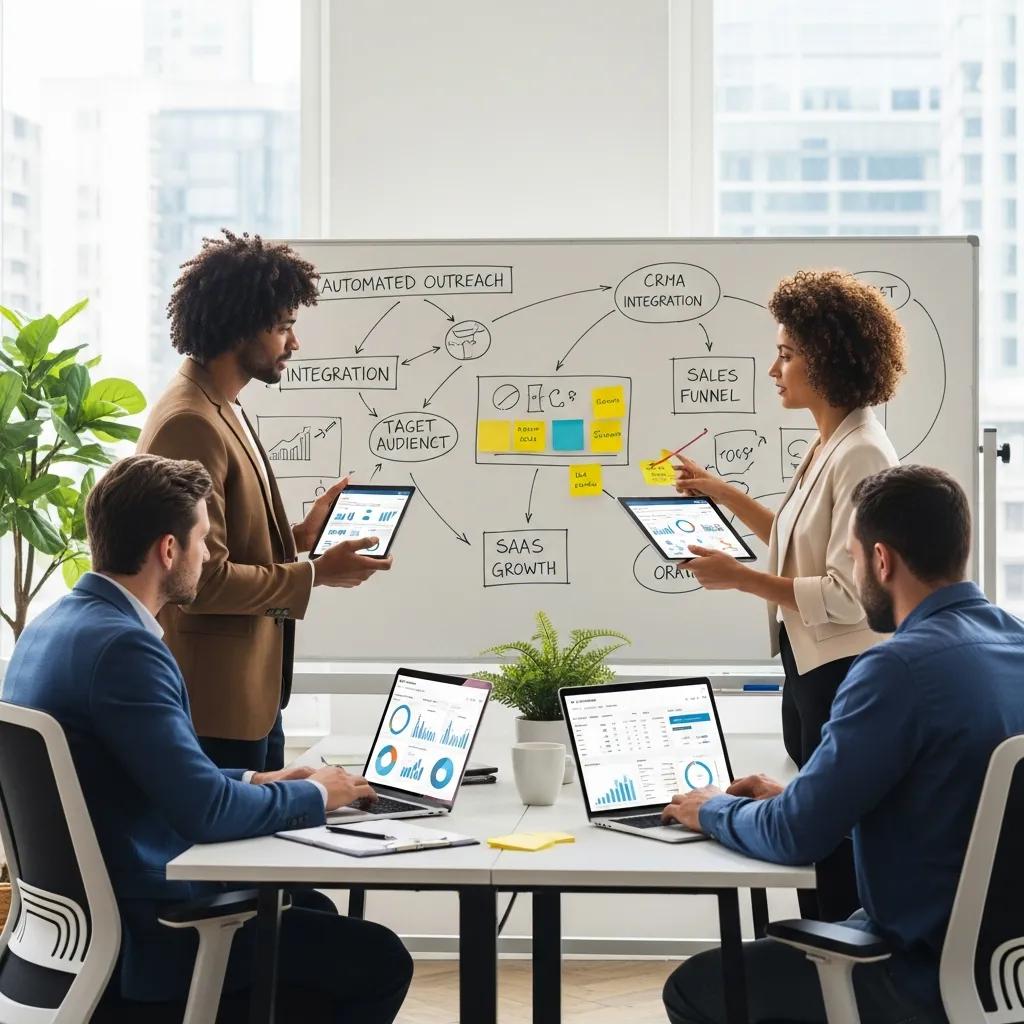 Diverse professionals collaborating in a modern office, emphasizing lead generation automation in SaaS