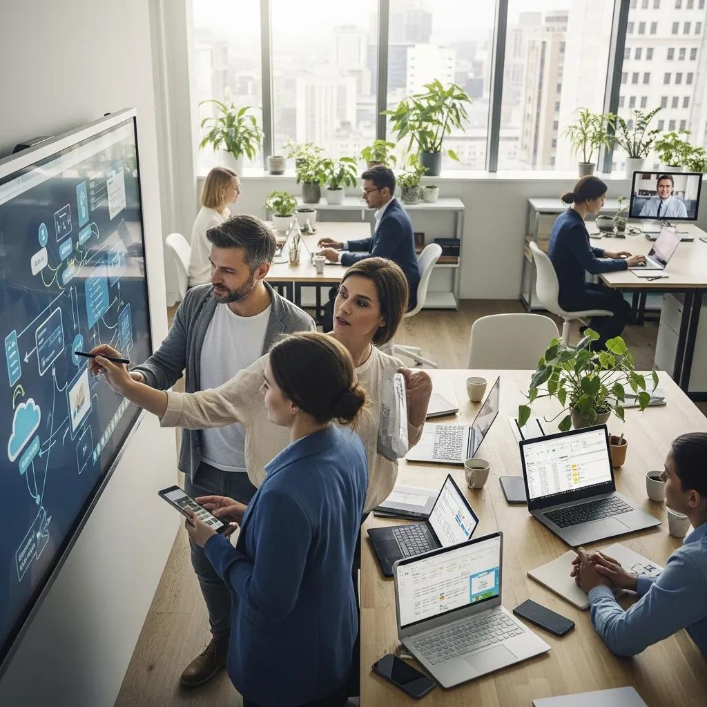 Diverse professionals collaborating in a modern office, highlighting managed IT services for SMBs