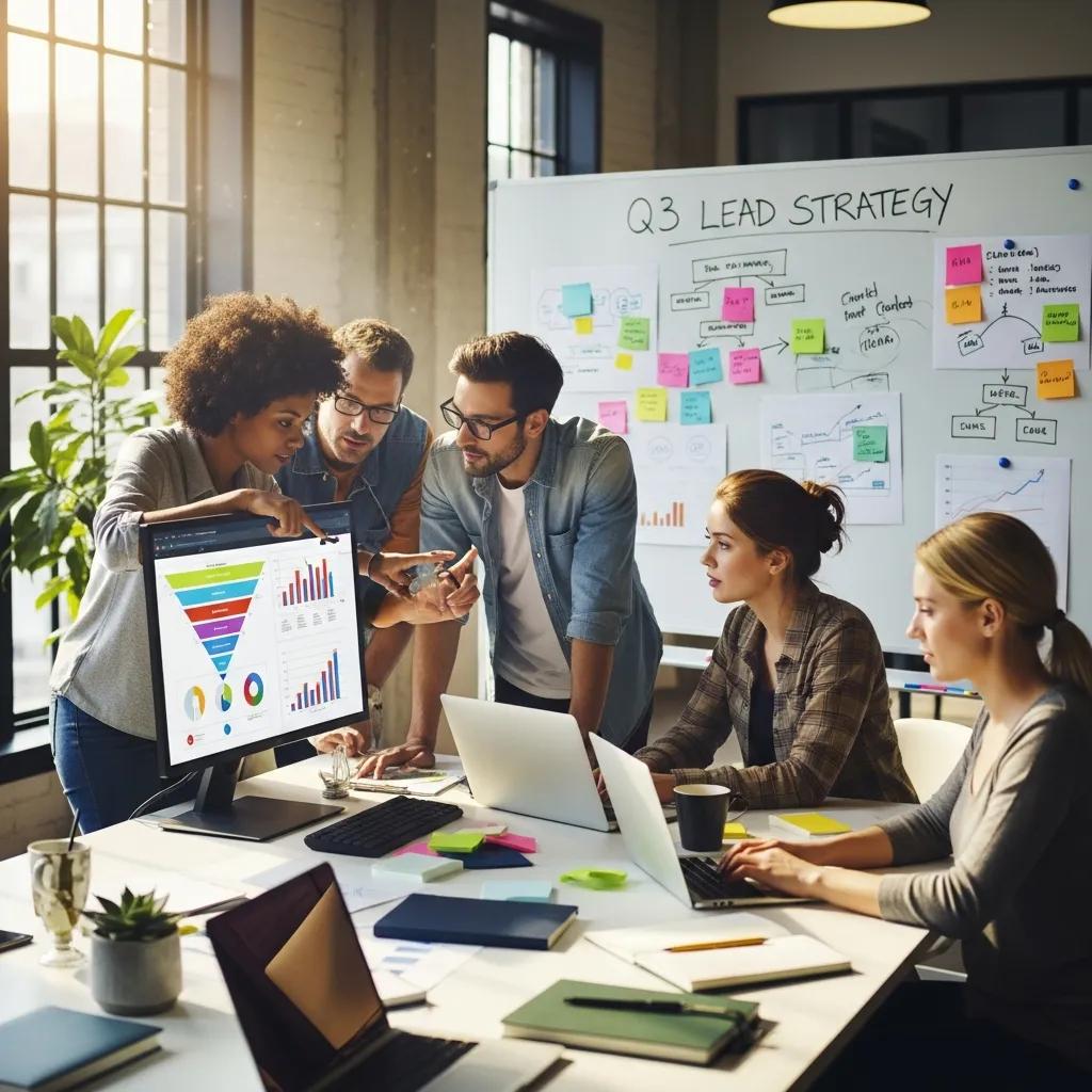 Diverse professionals collaborating in a modern office, representing B2B lead generation strategies