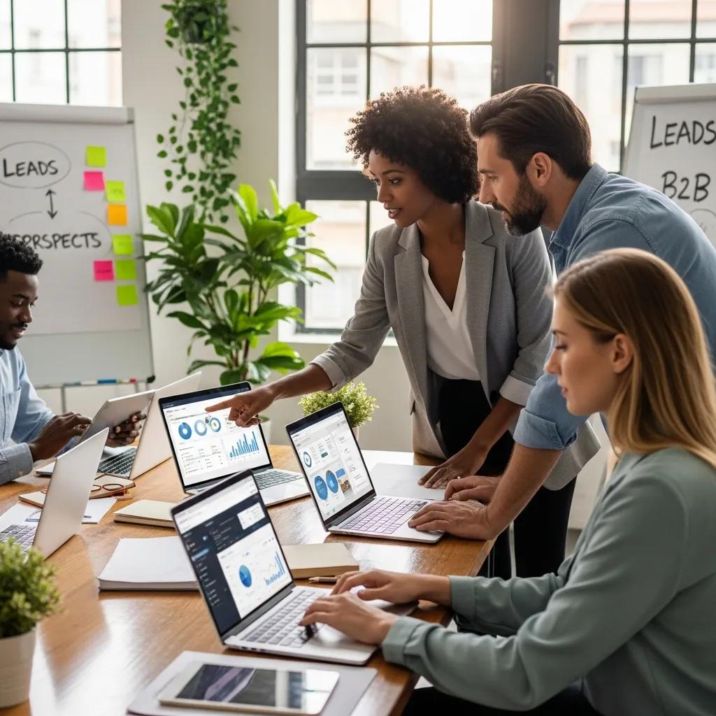 Diverse professionals collaborating in a modern office, representing B2B outreach and lead generation
