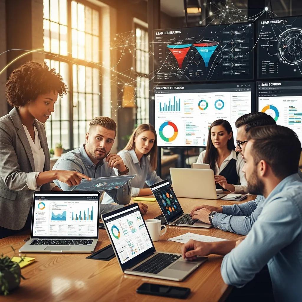 Diverse professionals collaborating in a modern office, symbolizing B2B lead generation and automation