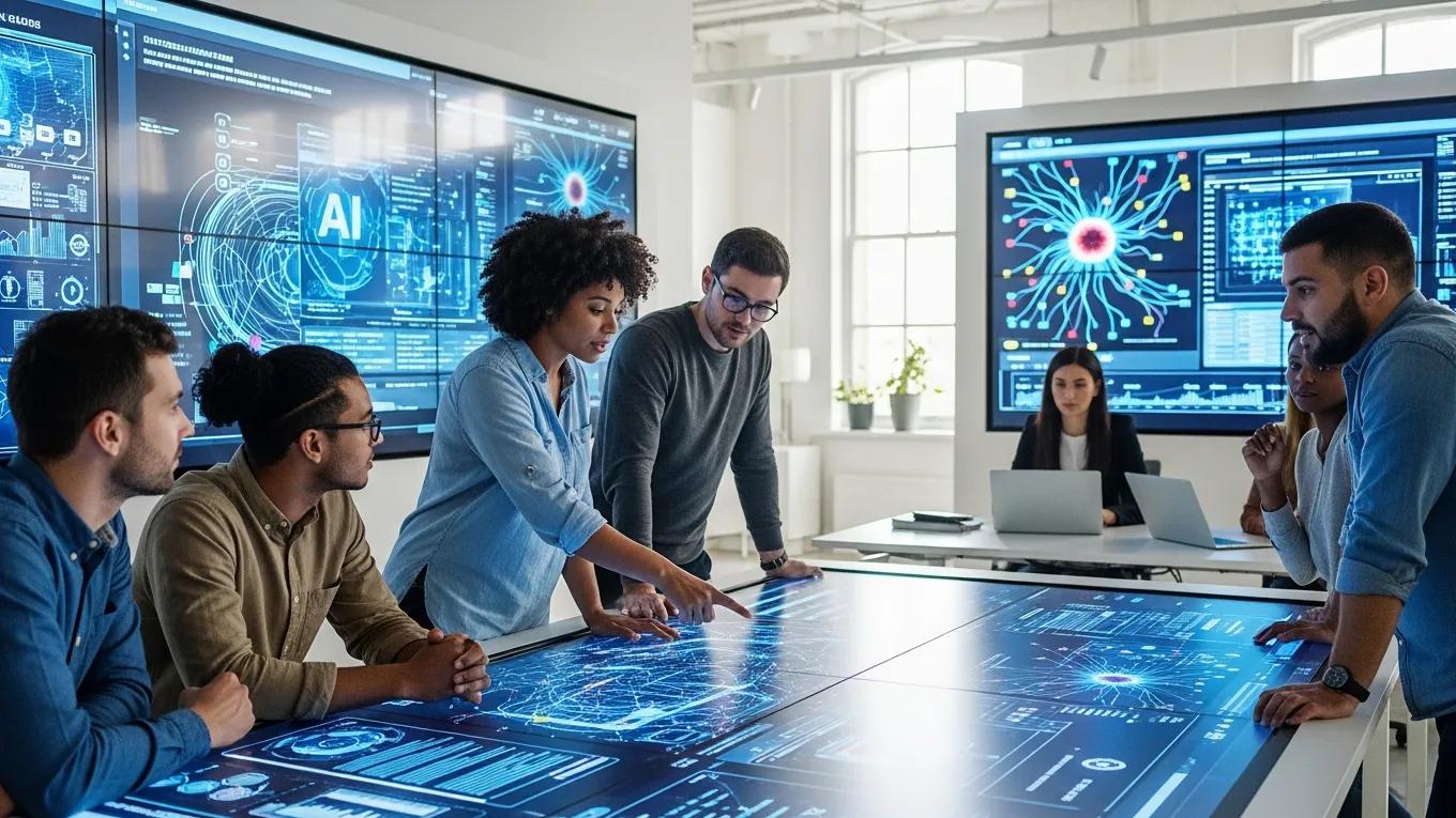Diverse professionals collaborating in a modern office with AI graphics