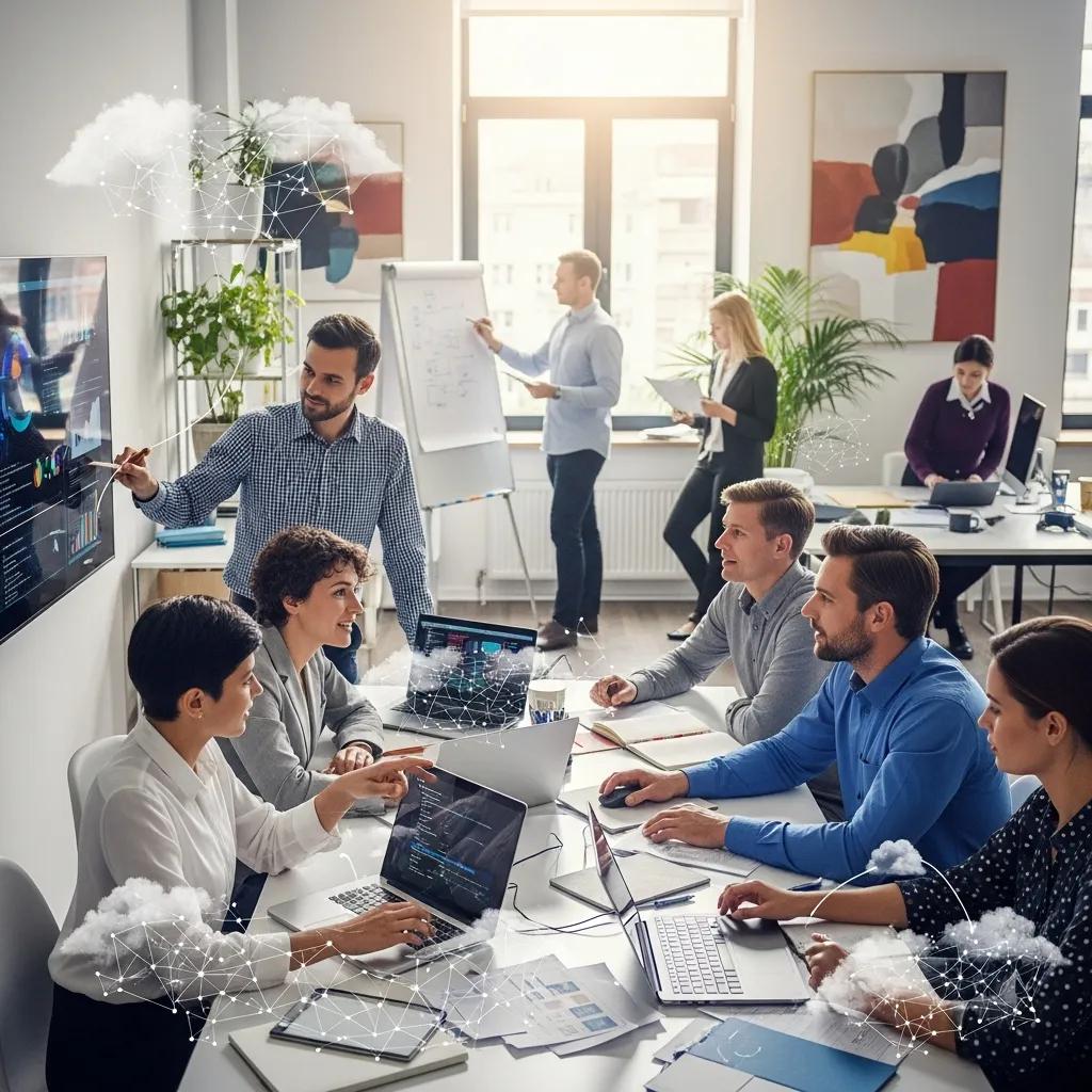 Diverse professionals collaborating in a modern office with cloud technology elements