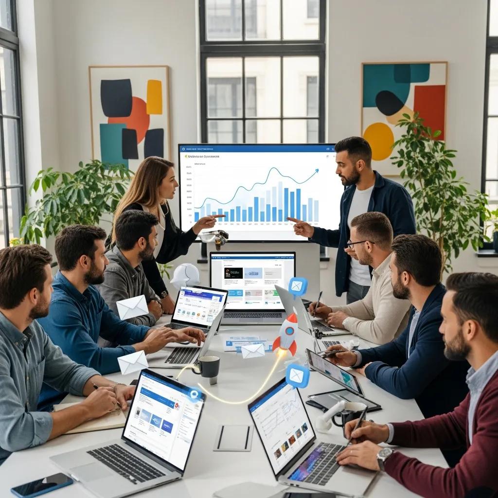 Diverse professionals collaborating on B2B email marketing strategies in a modern office