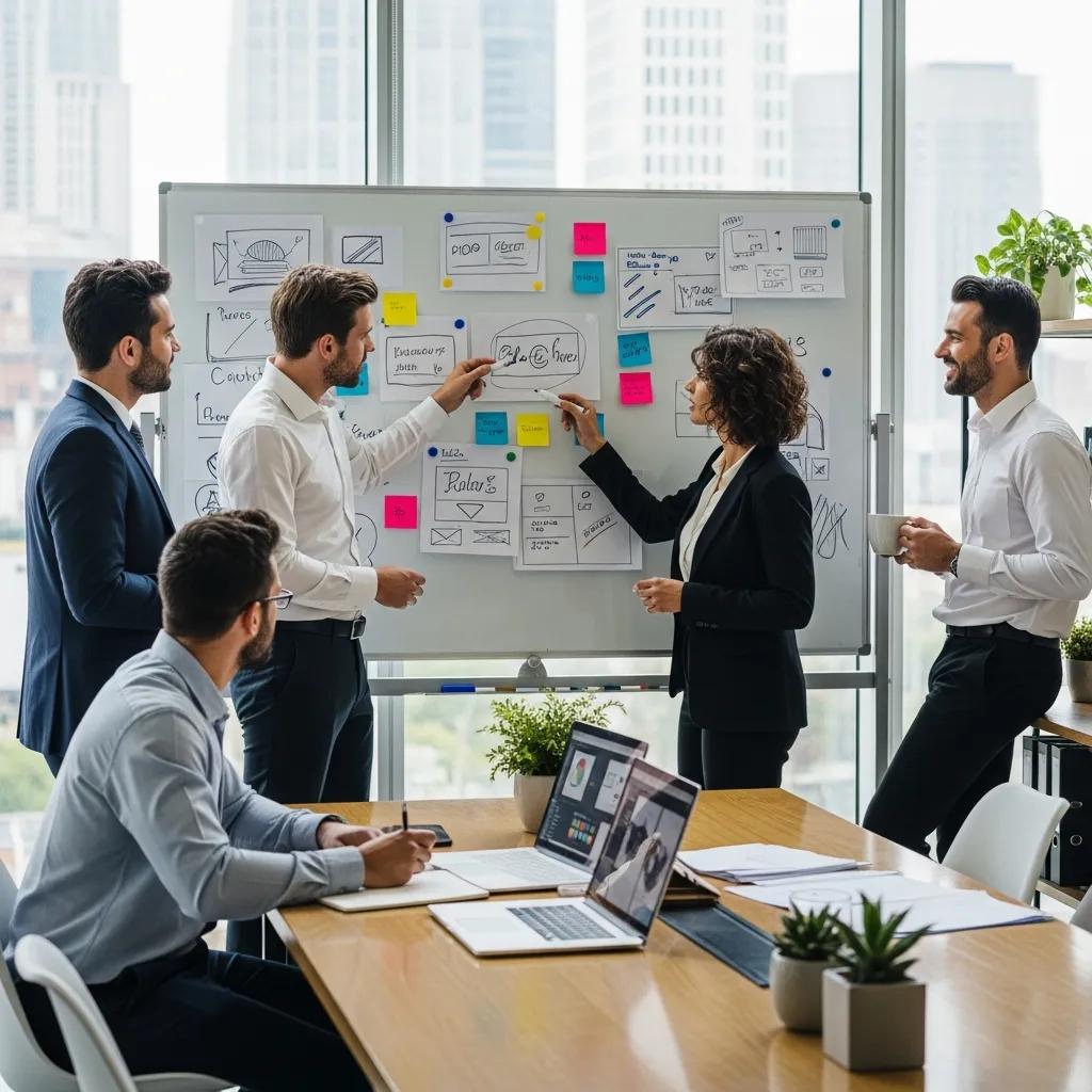 Diverse professionals collaborating on brand identity development in a modern office