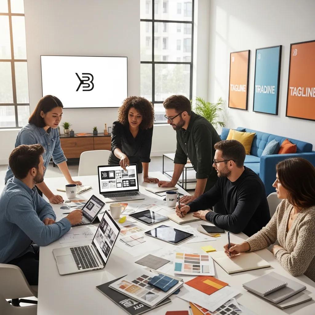 Diverse professionals collaborating on brand identity in a modern office