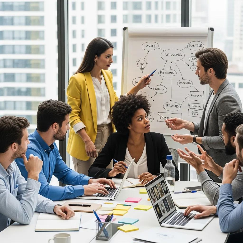 Diverse professionals collaborating on brand messaging strategies in a modern office