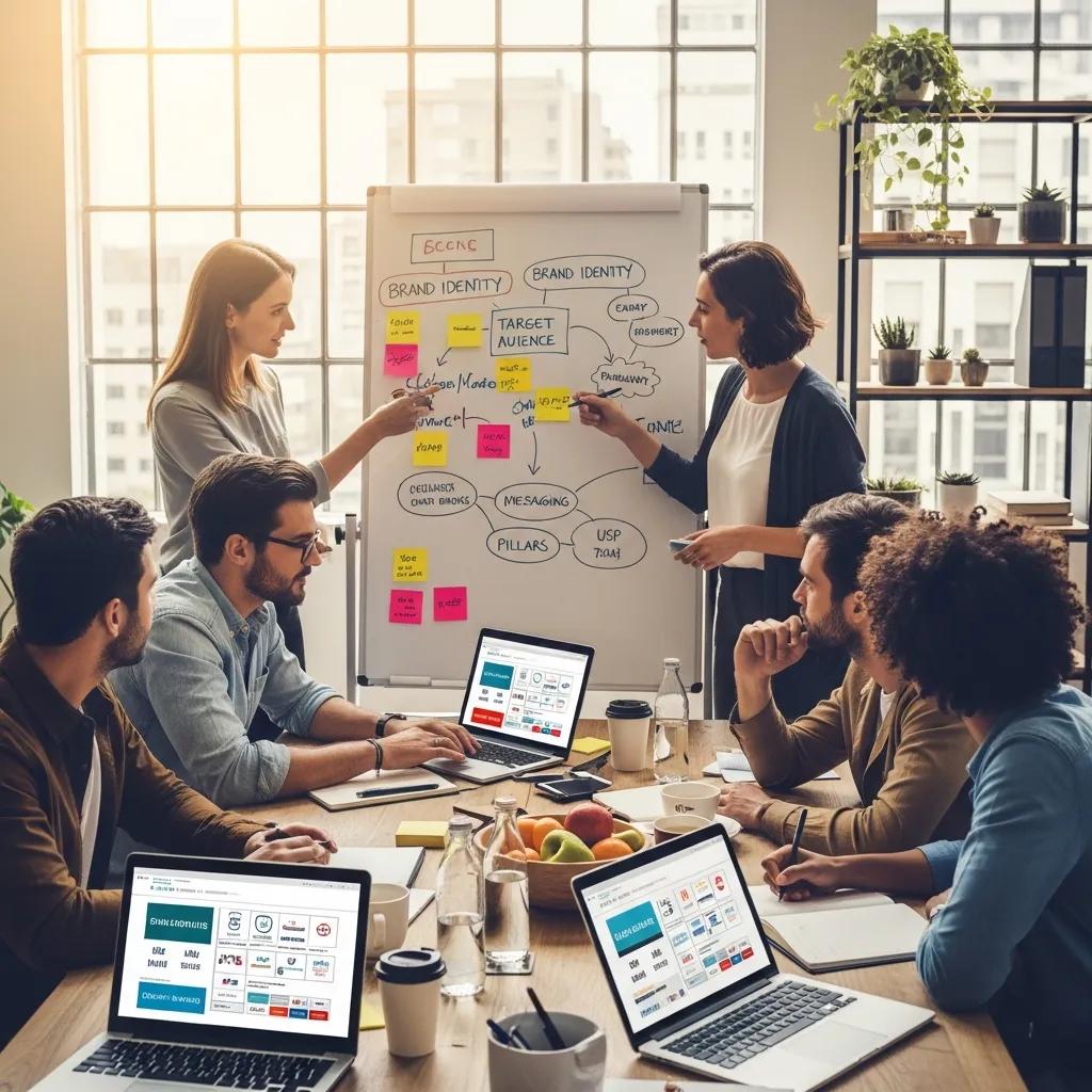 Diverse professionals collaborating on brand messaging strategy in a modern office
