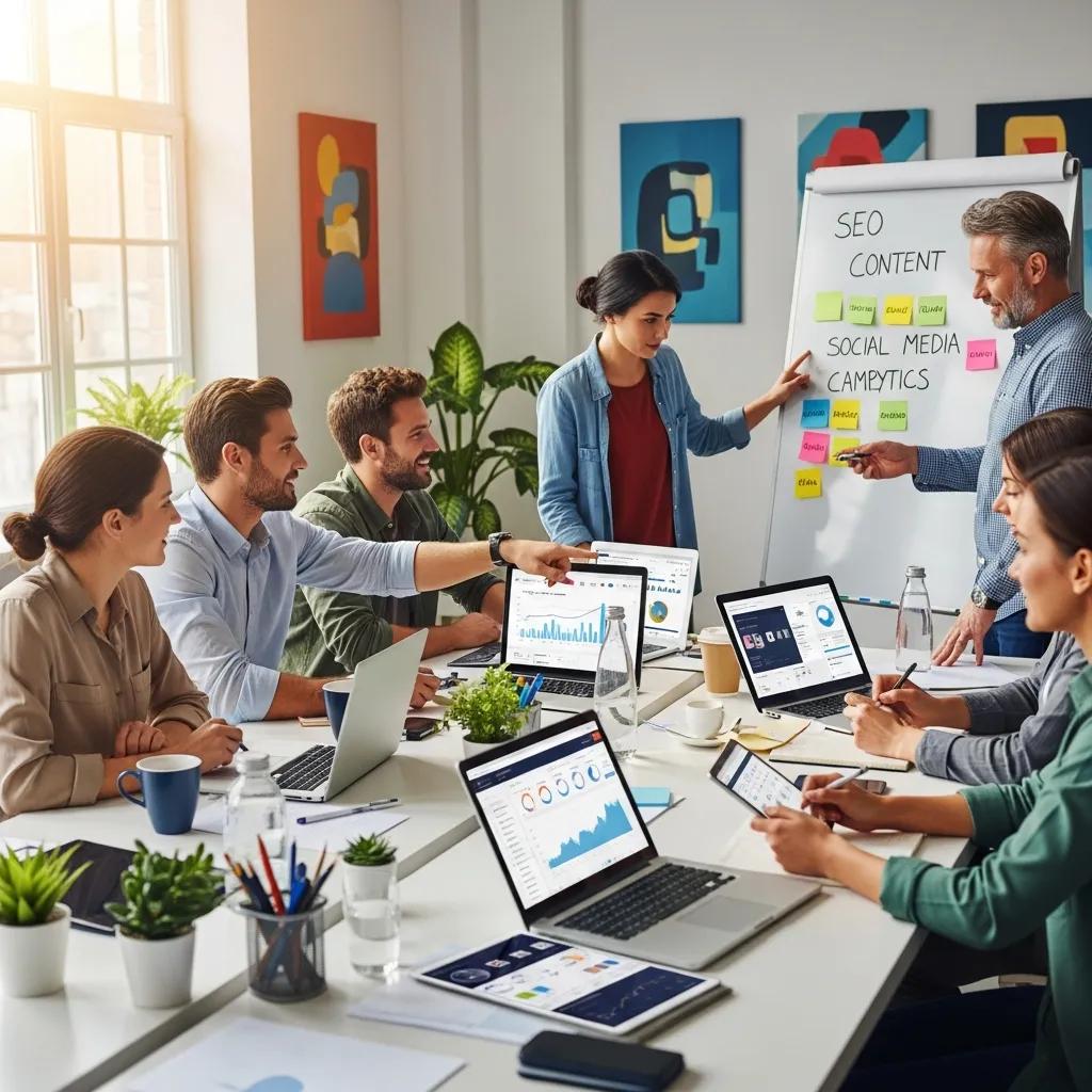 Diverse professionals collaborating on digital marketing strategies in a modern office