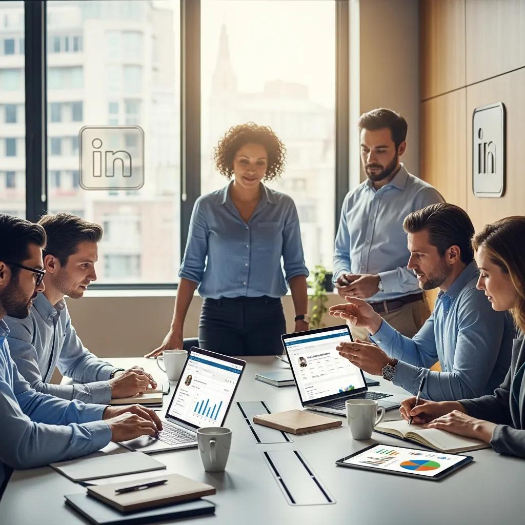 Diverse professionals collaborating on LinkedIn automation strategies in a modern office setting