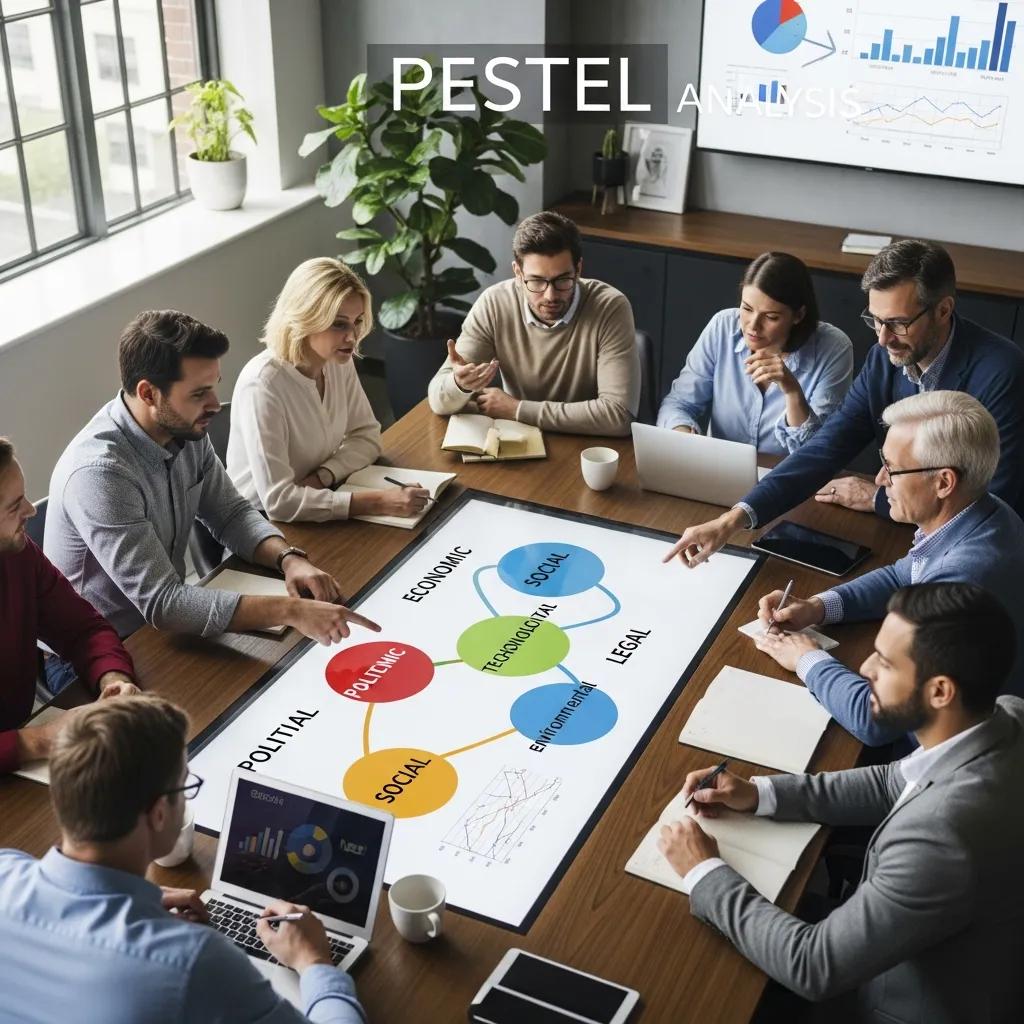 Diverse professionals collaborating on PESTEL analysis in a modern office setting