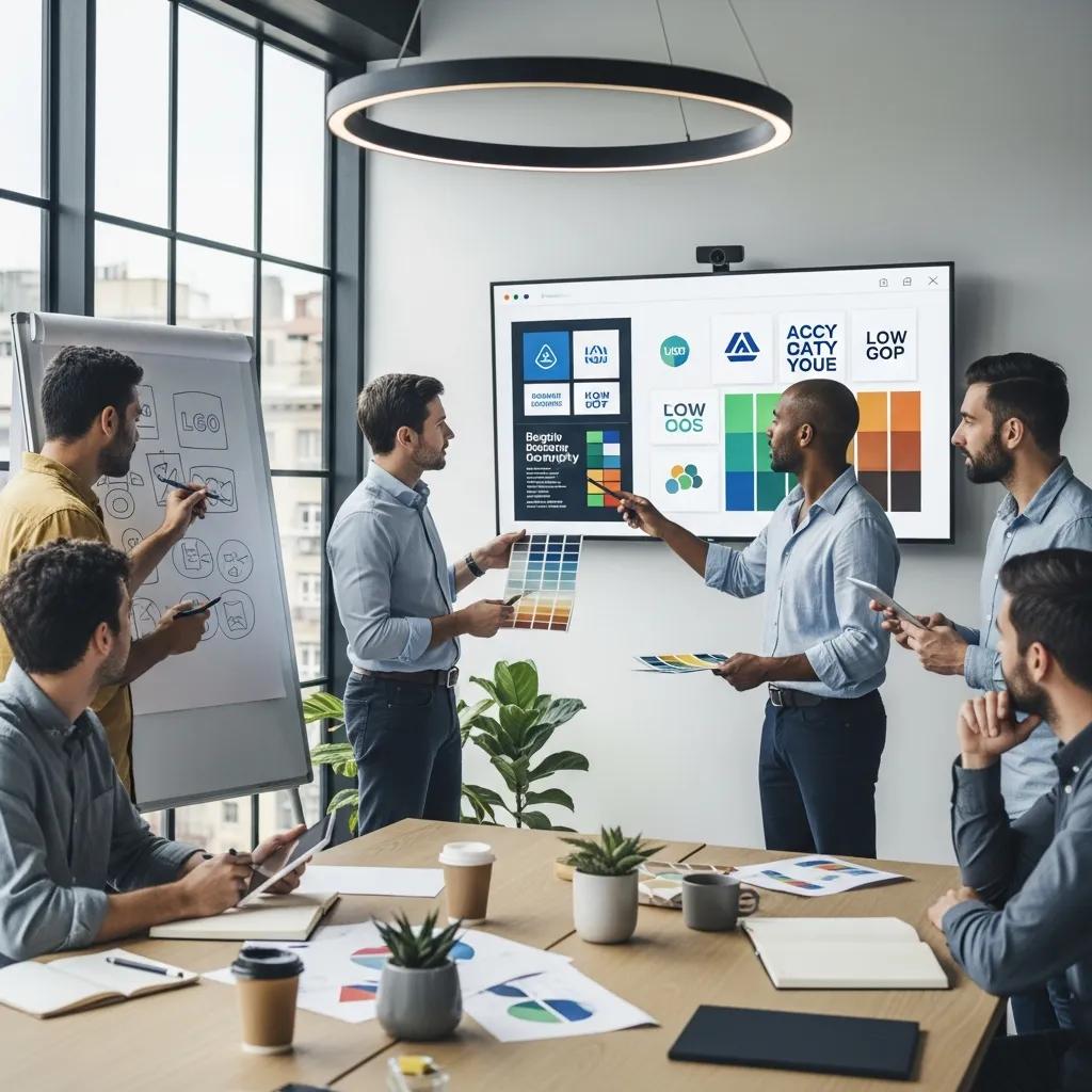 Diverse professionals collaborating on rebranding strategies in a modern office