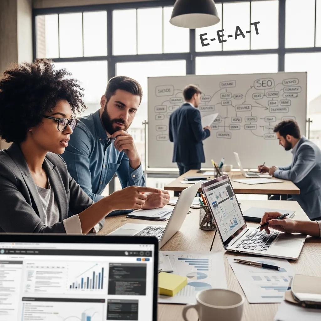 Diverse professionals collaborating on SEO strategies, emphasizing E-E-A-T principles