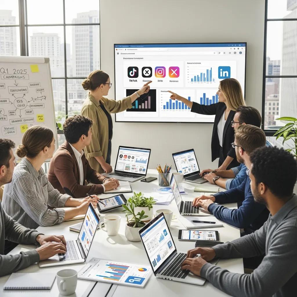 Diverse professionals collaborating on social media marketing strategies in a modern office