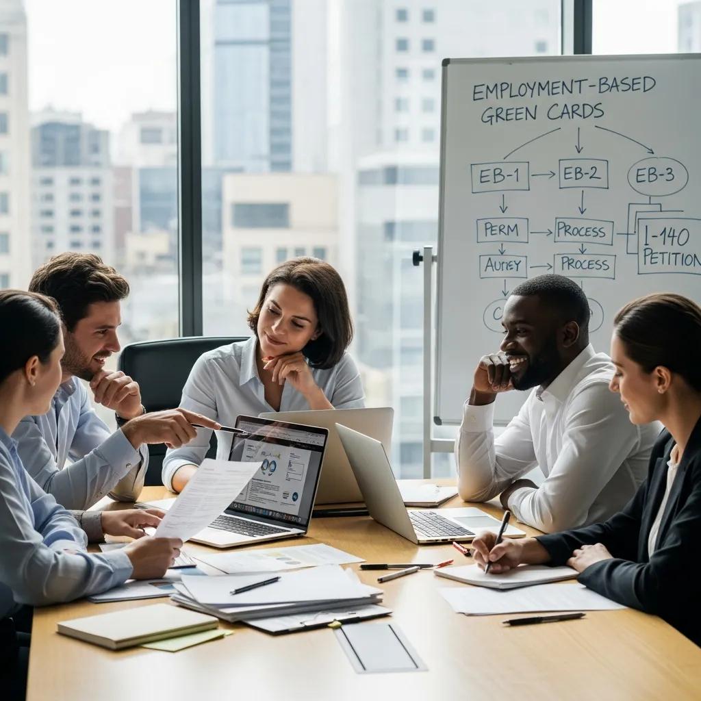 Diverse professionals discussing employment-based green card options in a modern office