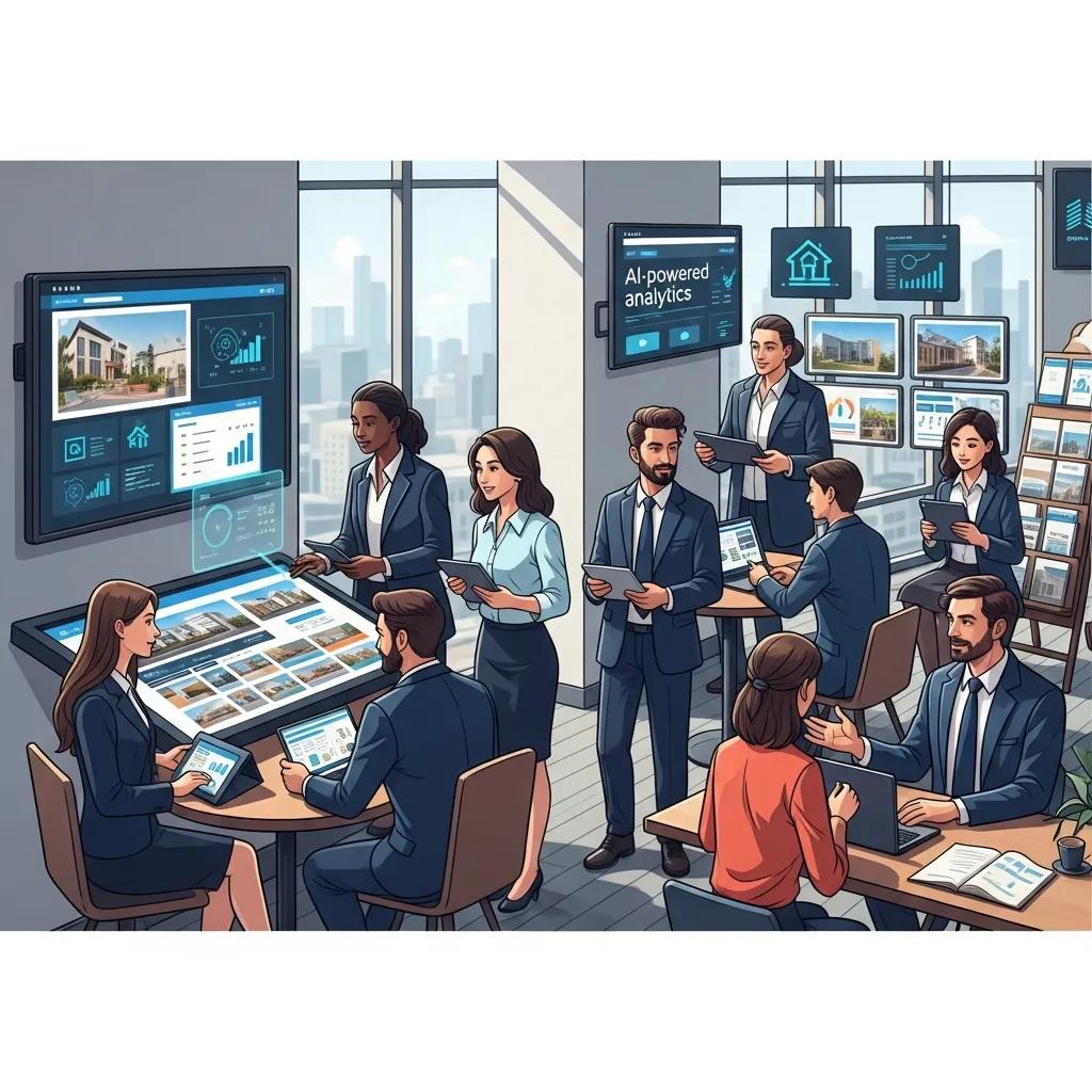 Diverse real estate agents collaborating in a modern office, emphasizing professionalism and technology