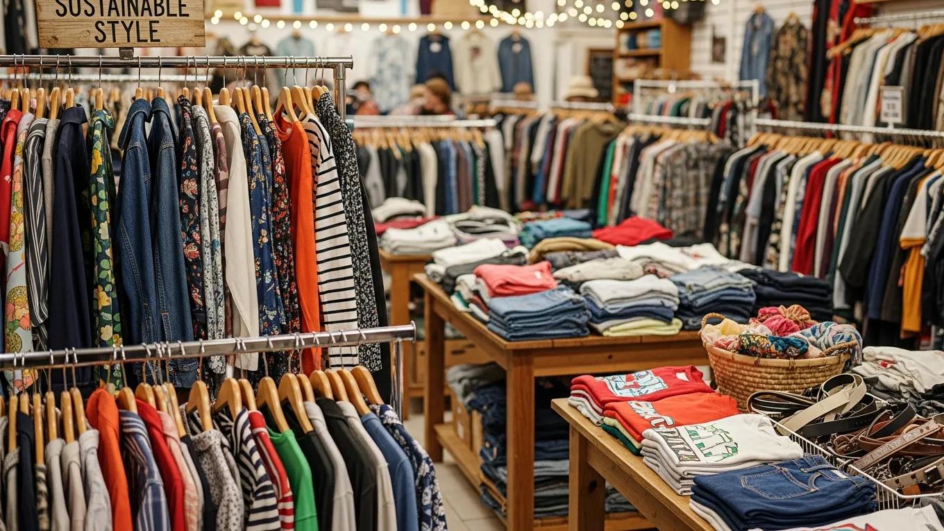 Diverse second-hand clothing displayed in a thrift store, emphasizing sustainability and fashion variety
