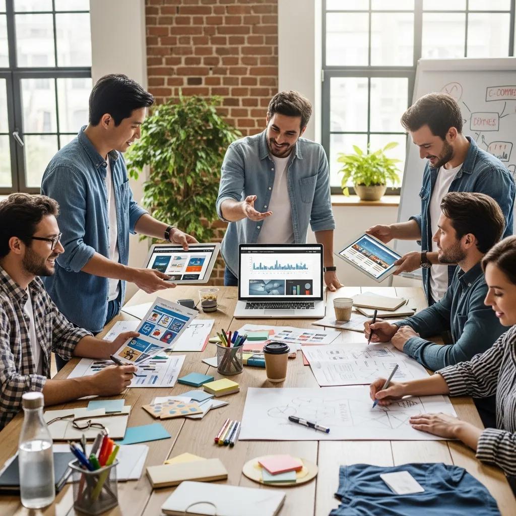 Diverse small business owners collaborating on omnichannel marketing strategies in a modern workspace