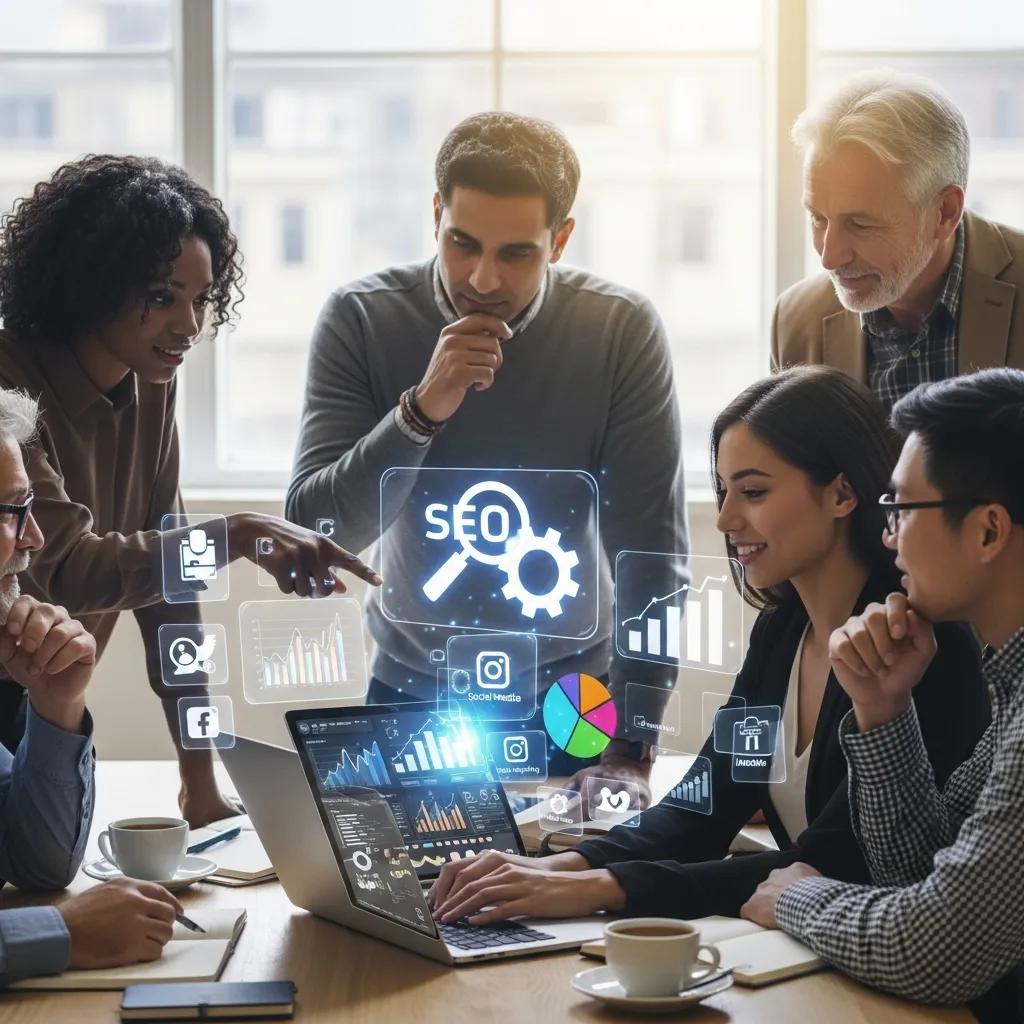 Diverse small business owners collaborating on SEO strategies with digital marketing elements