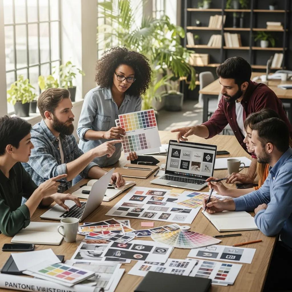 Diverse small business owners collaborating on visual identity guidelines in a modern workspace
