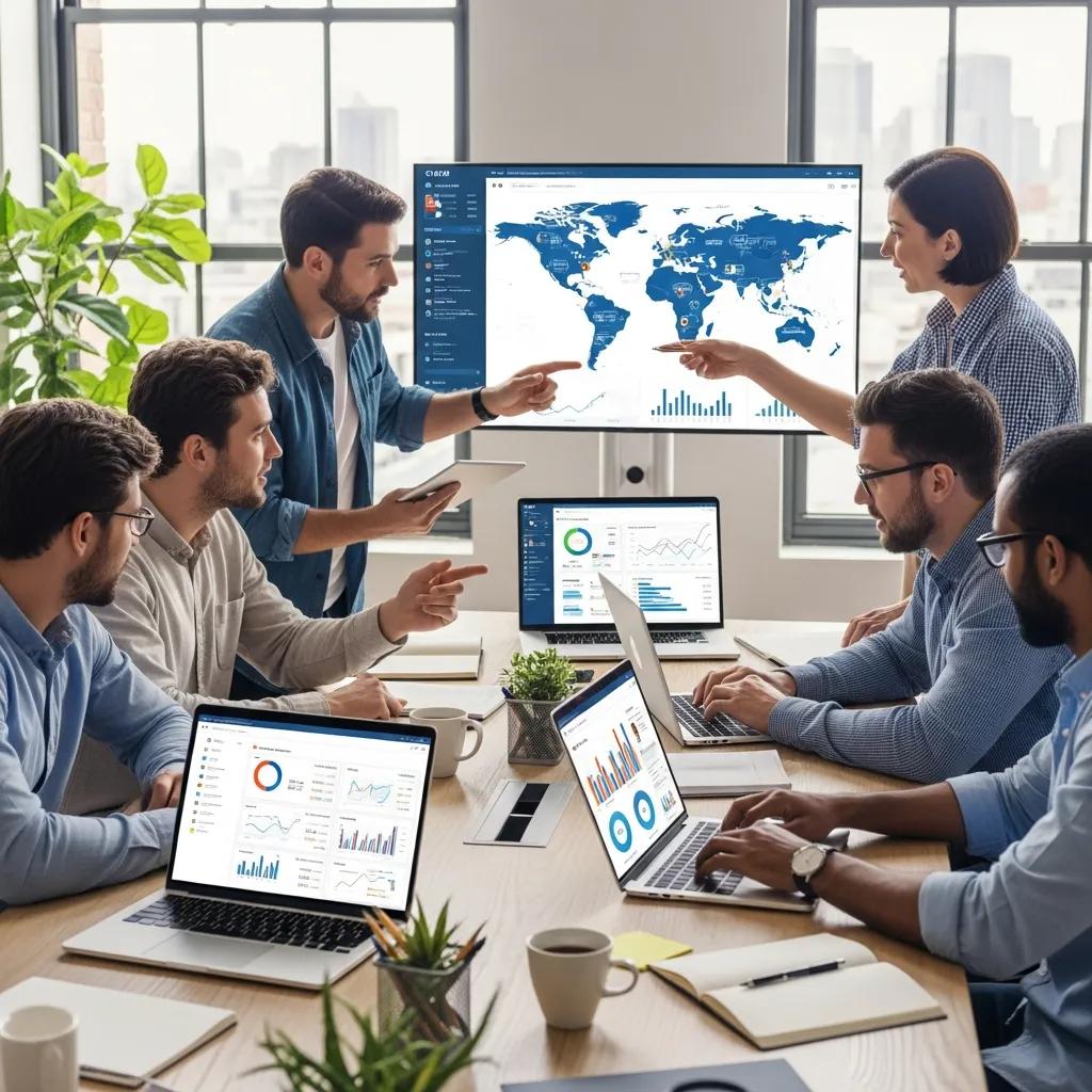 Diverse small business owners collaborating with CRM tools in a modern office