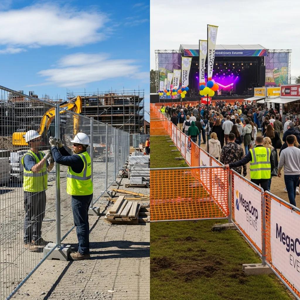 Diverse temporary fencing installations at a construction site and event, showcasing various styles and applications