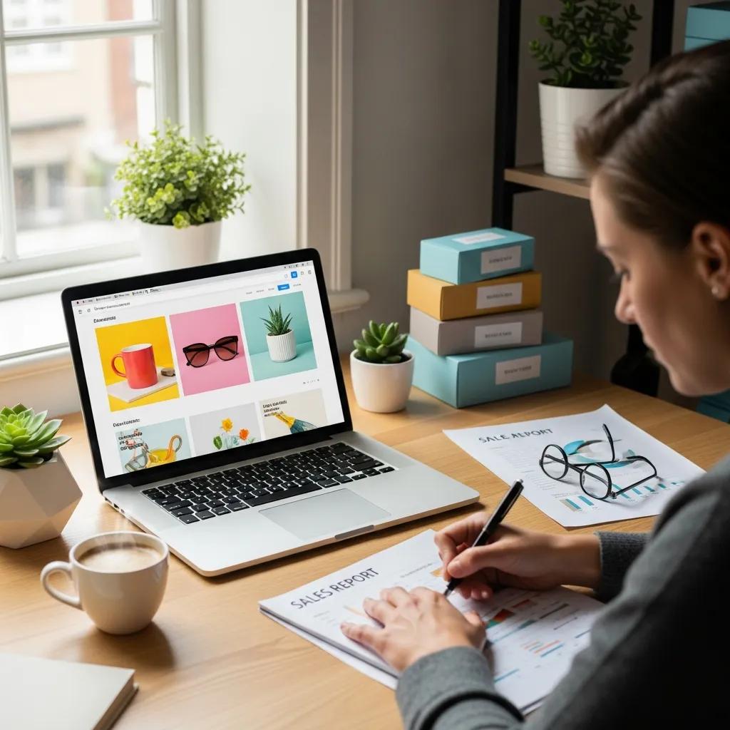E-commerce workspace with laptop showing online store and sales analysis