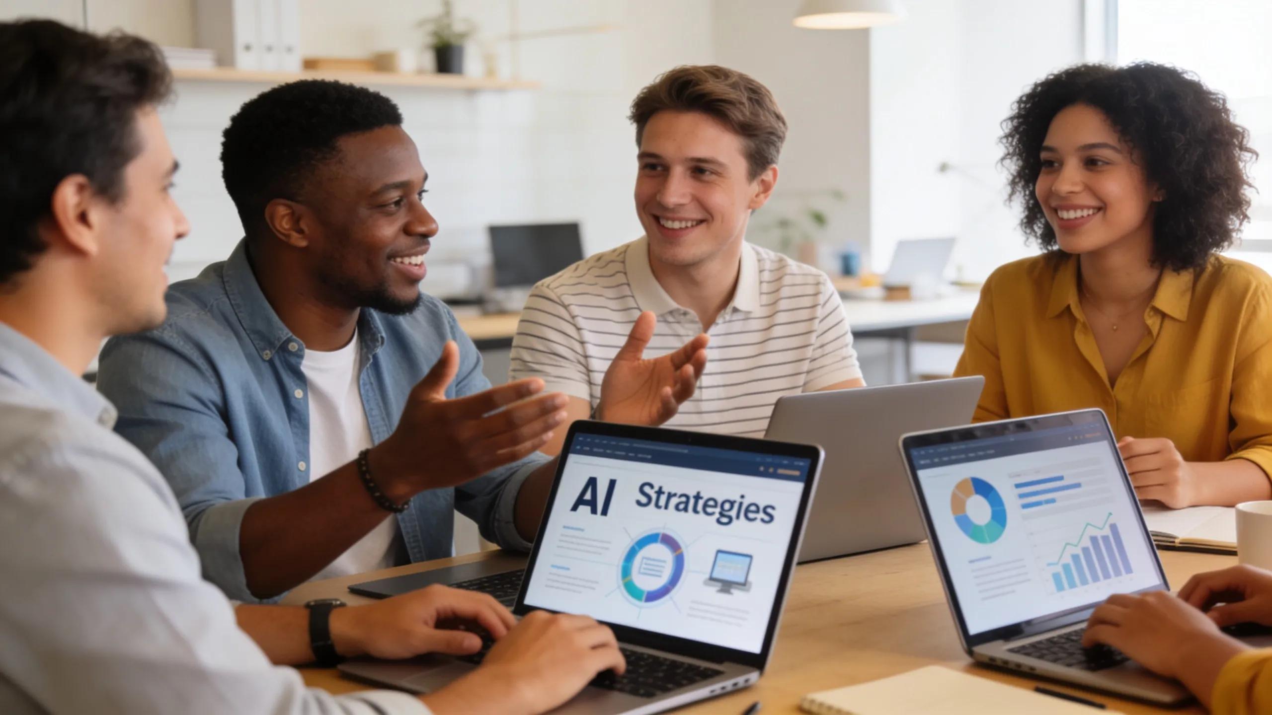 Coaches engaging in a discussion about AI lead generation strategies in a modern workspace.