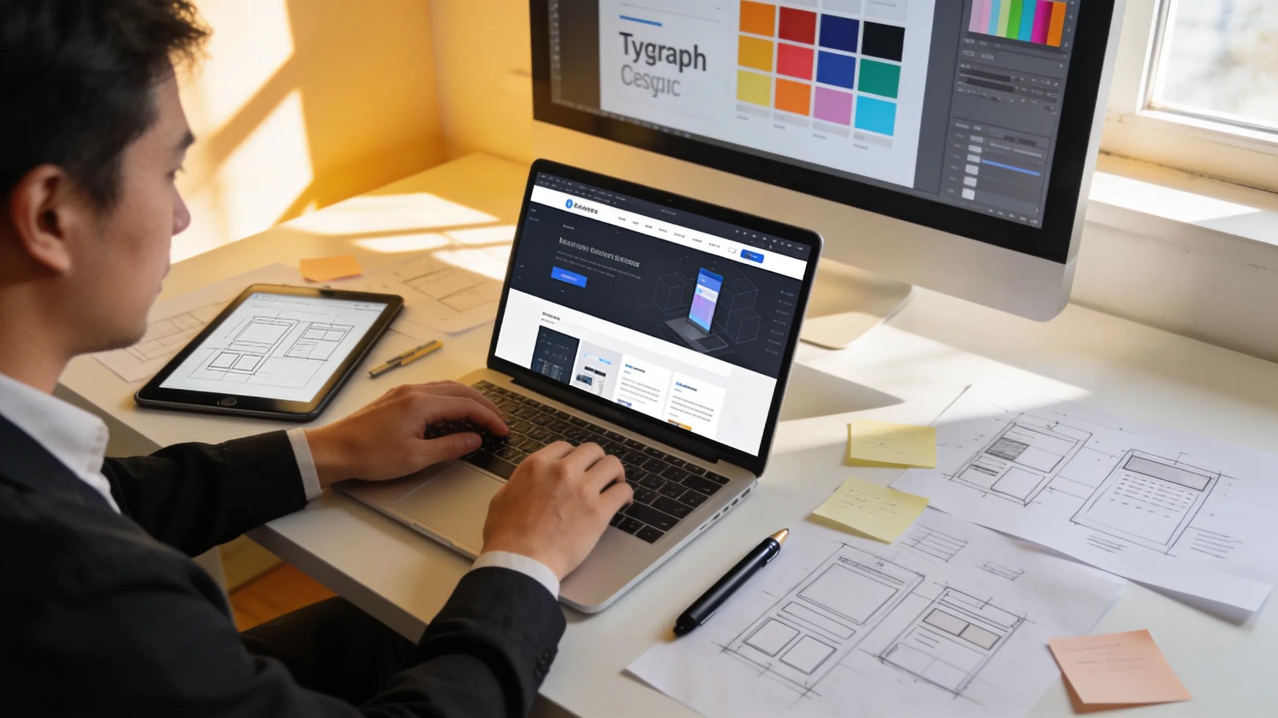 Professional website designer working on a laptop in a creative workspace