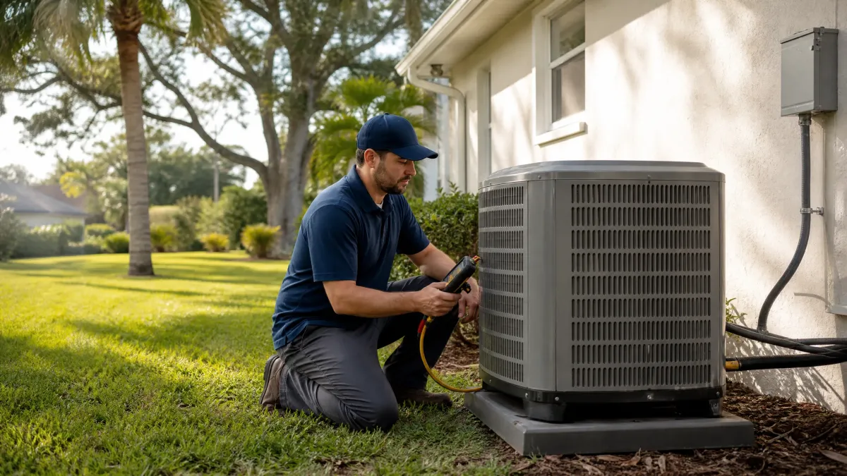 HVAC technician checking an outdoor AC unit beside a Florida home