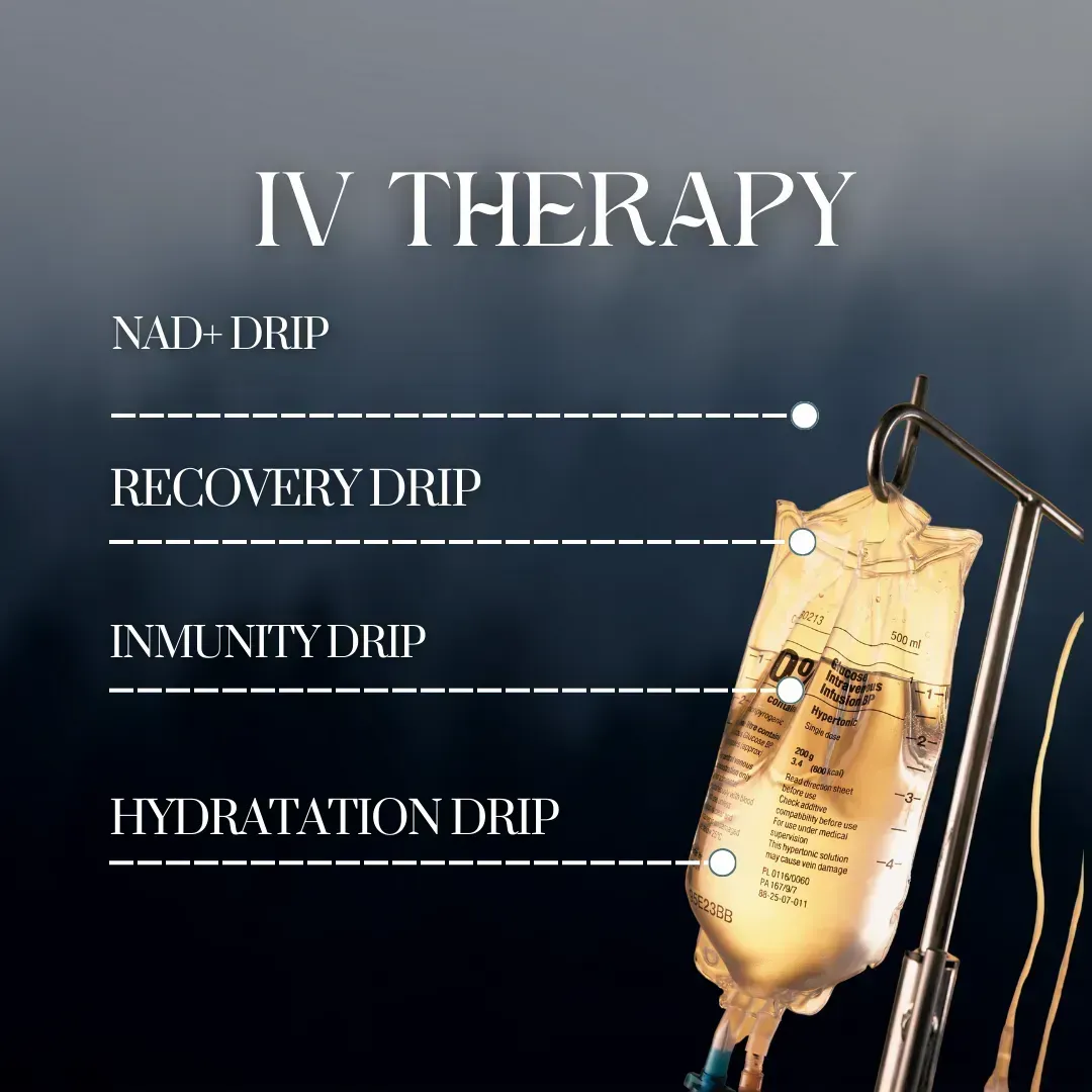 IV therapy bag with labels for NAD+ drip, recovery drip, immunity drip, and hydration drip.