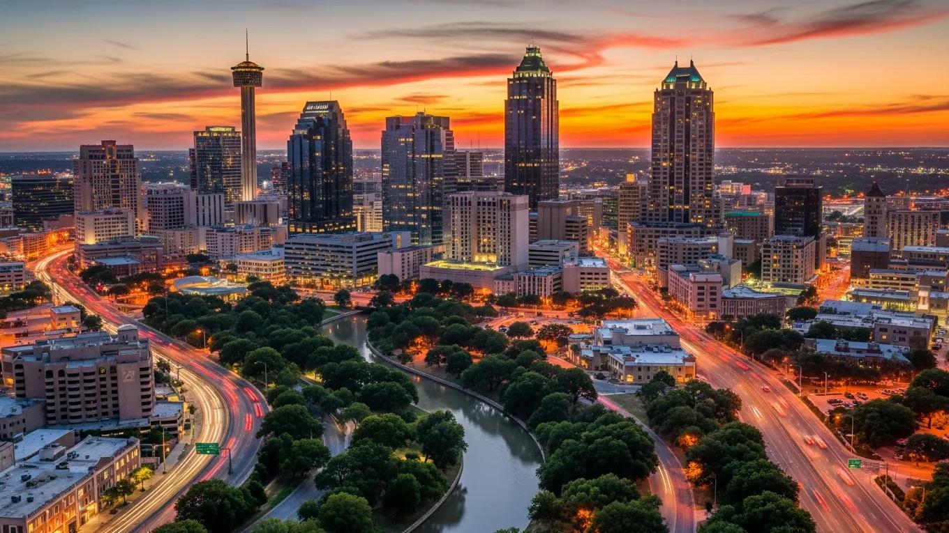 Hyper-realistic aerial view of San Antonio city skyline with business district