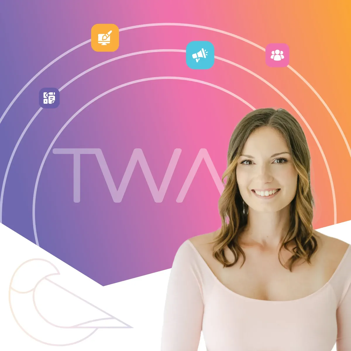 Smiling woman with long hair against a colorful gradient background featuring icons and text.