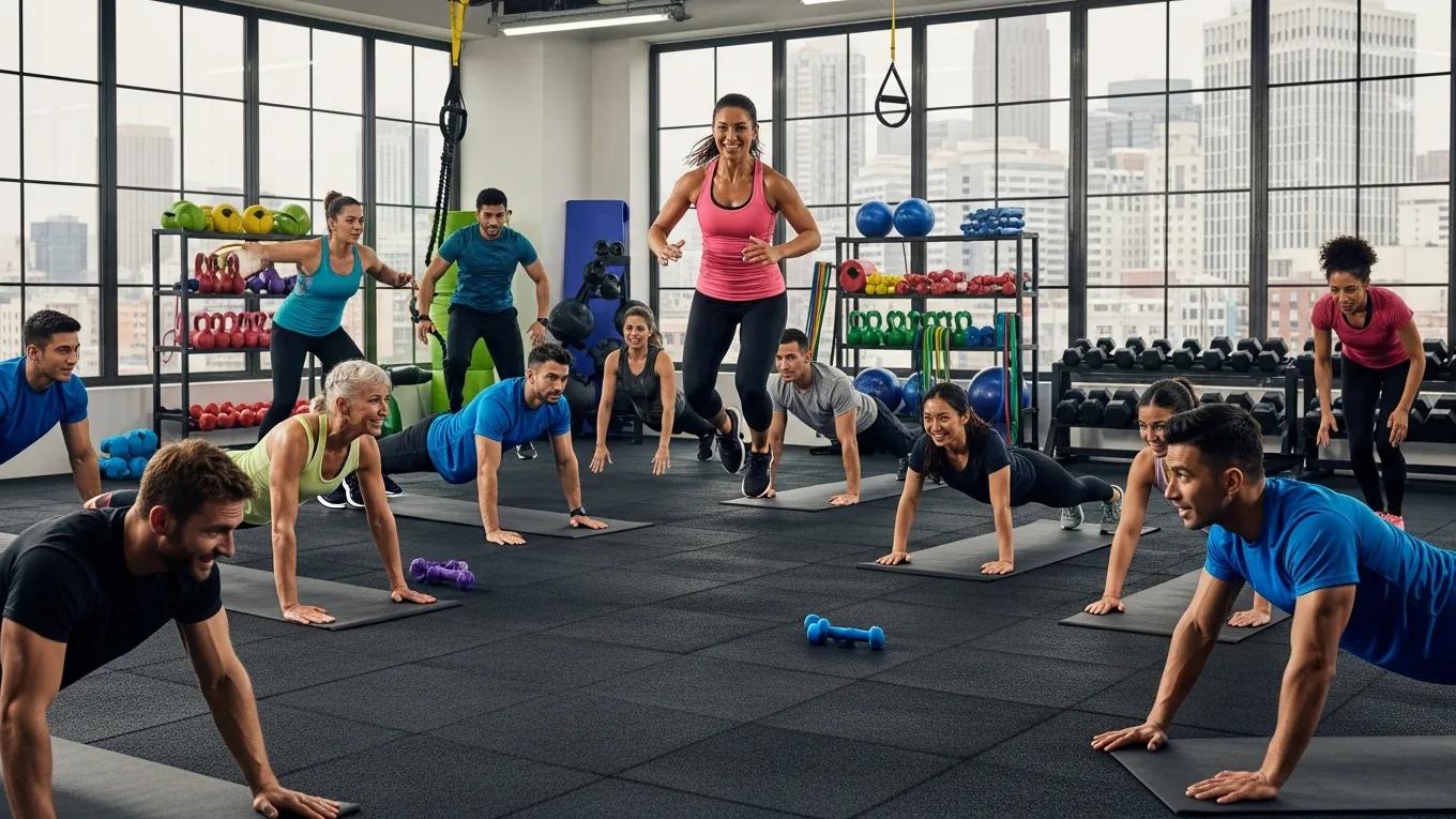 Diverse gym members enjoying a fitness class, highlighting community and engagement in a vibrant gym setting