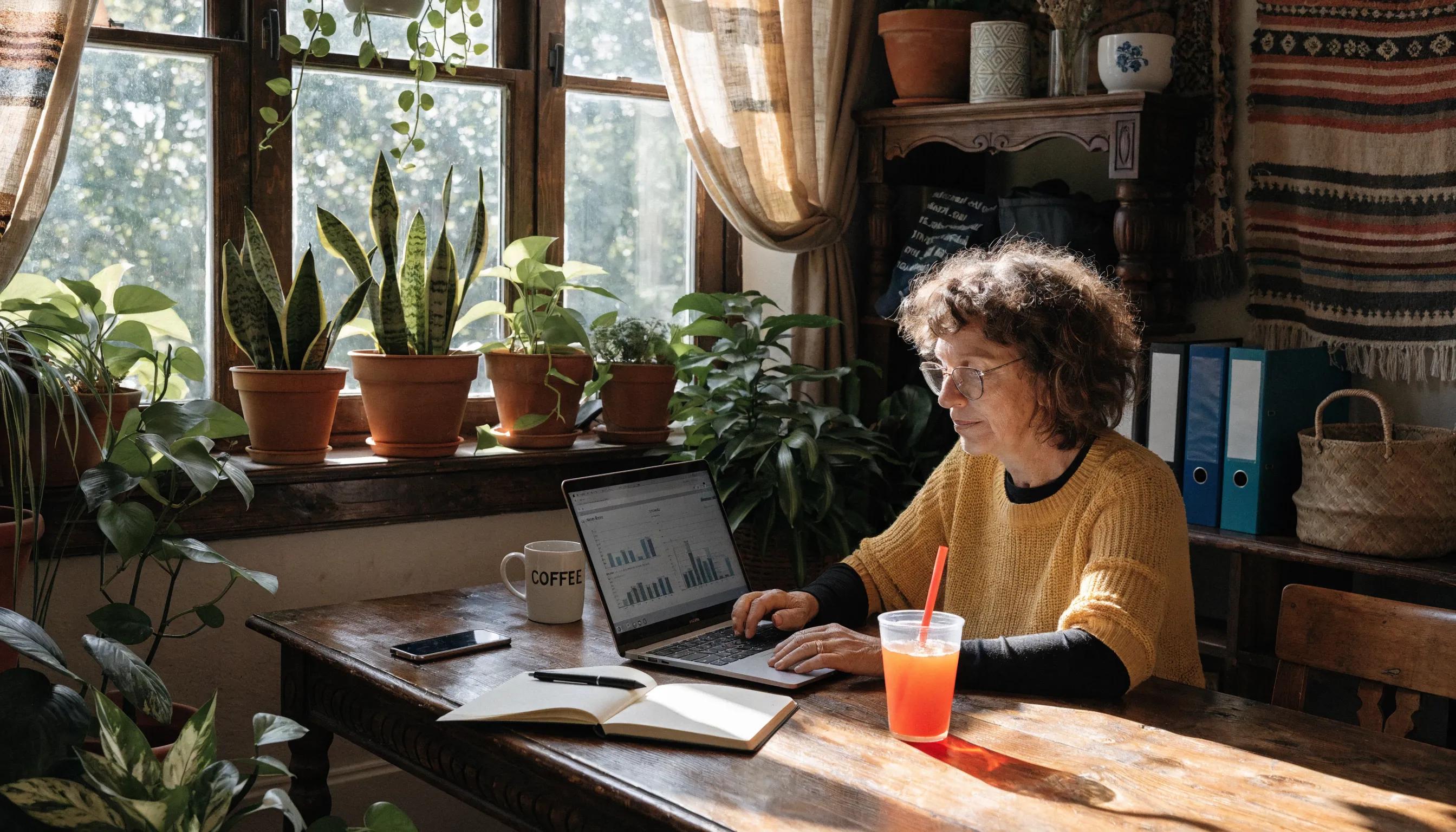 Small business owner engaging in digital marketing strategy with a laptop and office supplies